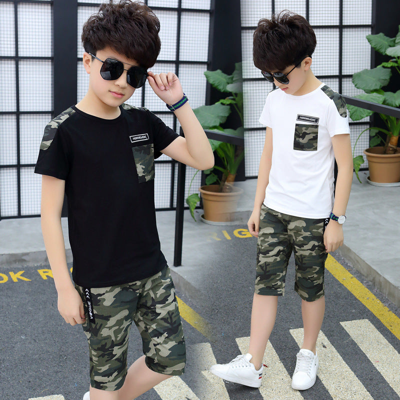 Kid's O-Neck Short Sleeve Camouflage Shirt With Trouser Set