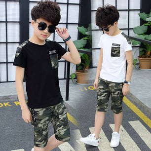 Kid's O-Neck Short Sleeve Camouflage Shirt With Trouser Set