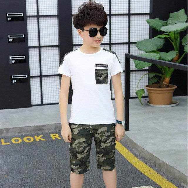 Kid's O-Neck Short Sleeve Camouflage Shirt With Trouser Set