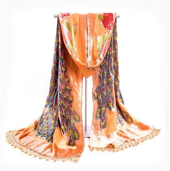 Women's Sheer Floral Embroidery Long Neck Wrap Tassel Scarves