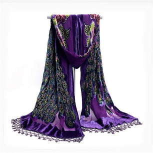 Women's Sheer Floral Embroidery Long Neck Wrap Tassel Scarves