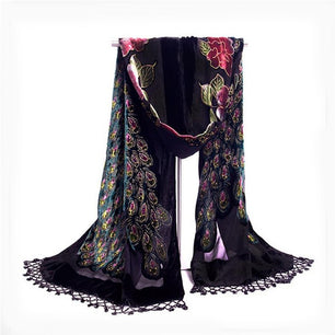 Women's Sheer Floral Embroidery Long Neck Wrap Tassel Scarves