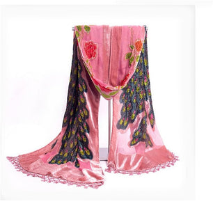 Women's Sheer Floral Embroidery Long Neck Wrap Tassel Scarves