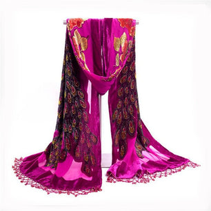 Women's Sheer Floral Embroidery Long Neck Wrap Tassel Scarves