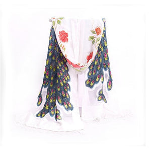 Women's Sheer Floral Embroidery Long Neck Wrap Tassel Scarves