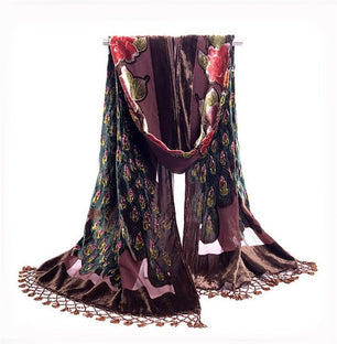 Women's Sheer Floral Embroidery Long Neck Wrap Tassel Scarves