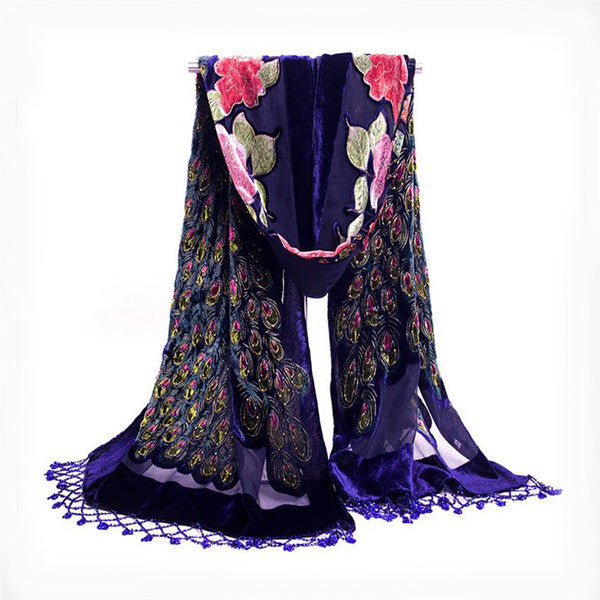 Women's Sheer Floral Embroidery Long Neck Wrap Tassel Scarves