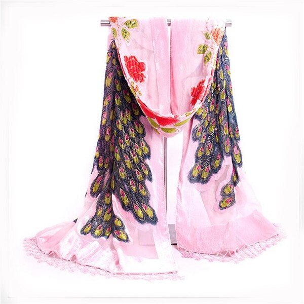 Women's Sheer Floral Embroidery Long Neck Wrap Tassel Scarves