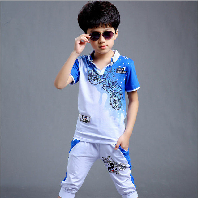 Kid's Turn-down Collar Short Sleeve Printed T-Shirt With Pocket Pant