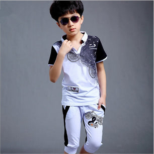 Kid's Turn-down Collar Short Sleeve Printed T-Shirt With Pocket Pant