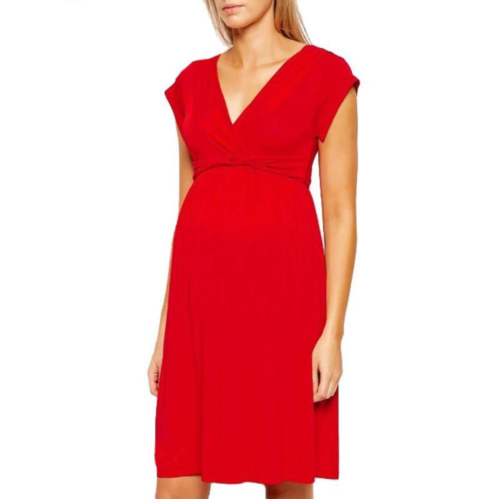 Women's V-Neck Short Sleeve Plain Knee-Length Maternity Flare Dress