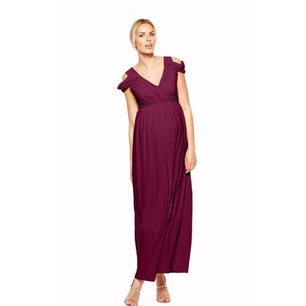 Women's V-Neck Cold Shoulder Plain Ankle-Length Maternity Dress