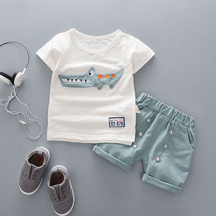 Kid's Round Neck Cartoon Print T-Shirt With Pocket Short Set