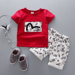 Kid's Round Neck Cartoon Print T-Shirt With Pocket Short Set