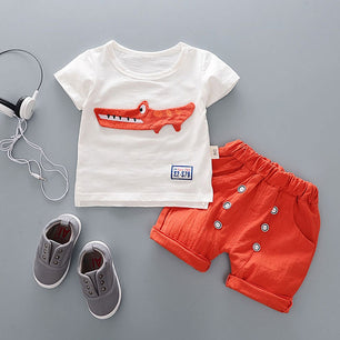 Kid's Round Neck Cartoon Print T-Shirt With Pocket Short Set