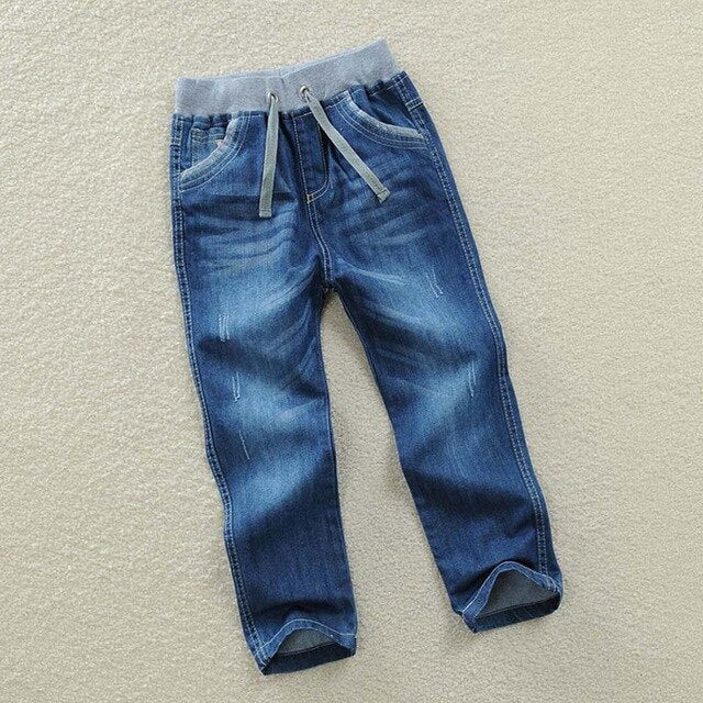 Kid's Elastic Drawstring Waist Plain Side Pockets Denim Jeans