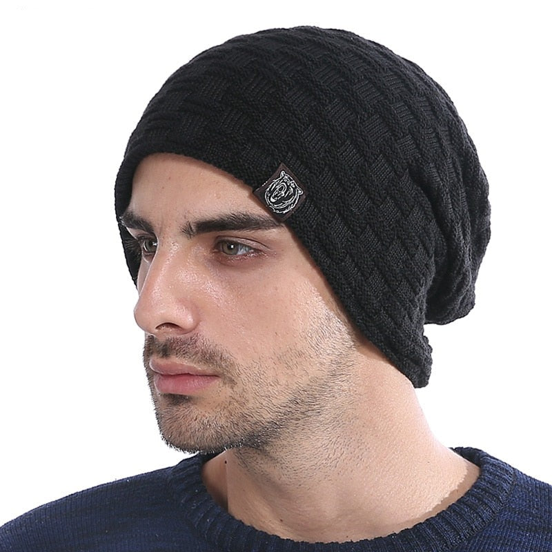 Men's Winter Knitted Beanies Solid Thicken Fur Warm Bonnet Hats