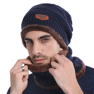 Men's Cloth Linen Patchwork Hat With Neck Fur Winter Wear Scarf