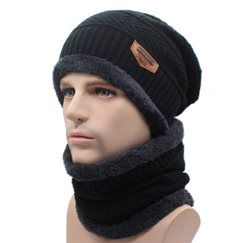 Men's Cloth Linen Patchwork Hat With Neck Fur Winter Wear Scarf