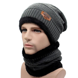 Men's Cloth Linen Patchwork Hat With Neck Fur Winter Wear Scarf