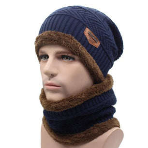 Men's Cloth Linen Patchwork Hat With Neck Fur Winter Wear Scarf