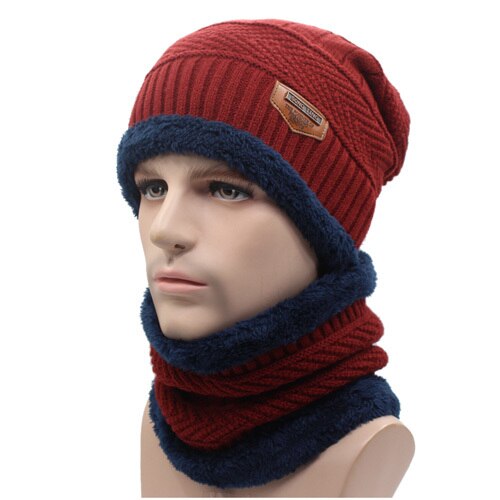 Men's Cloth Linen Patchwork Hat With Neck Fur Winter Wear Scarf