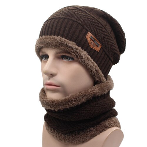 Men's Cloth Linen Patchwork Hat With Neck Fur Winter Wear Scarf