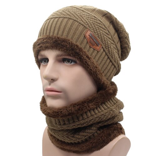 Men's Cloth Linen Patchwork Hat With Neck Fur Winter Wear Scarf