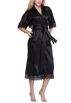 Women's Open Stitch Lace Flare Sleeve Belted Waist Long Nightgown