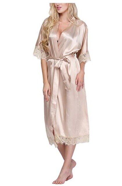 Women's Open Stitch Lace Flare Sleeve Belted Waist Long Nightgown