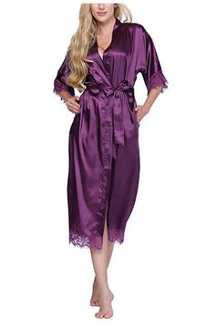 Women's Open Stitch Lace Flare Sleeve Belted Waist Long Nightgown