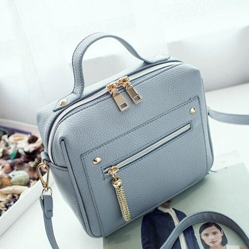 Women's Leather Double Zipper Closure Shoulder Strap Handbag