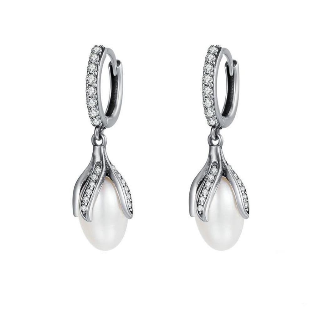 Women's 100% 925 Sterling Silver Petal Cubic Zircon Pearl Earrings