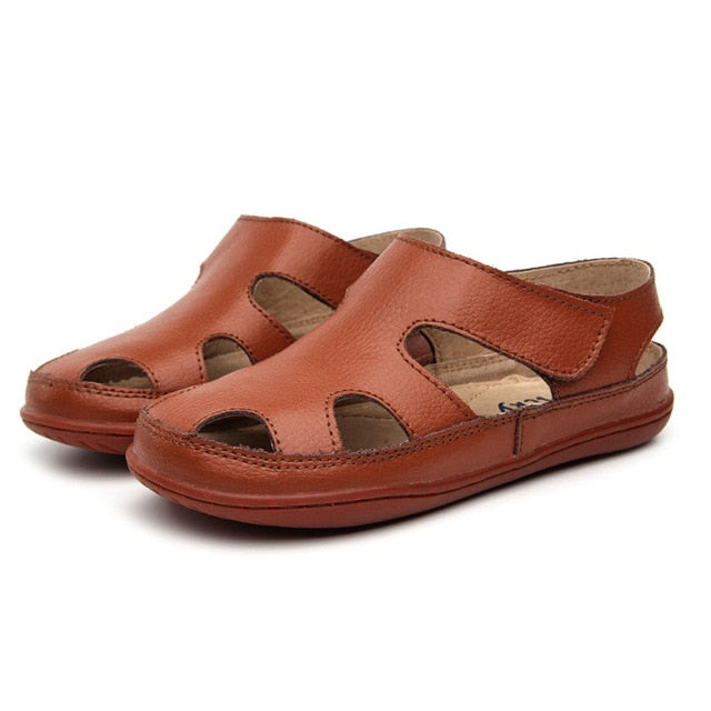 Kid's Round Toe Leather Cut-Out Hook & Loop Back Strap Sandals