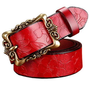 Women's Leather Floral Printed Square Alloy Pin Buckle Closure Belts