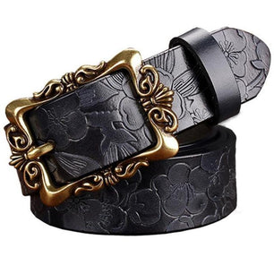 Women's Leather Floral Printed Square Alloy Pin Buckle Closure Belts