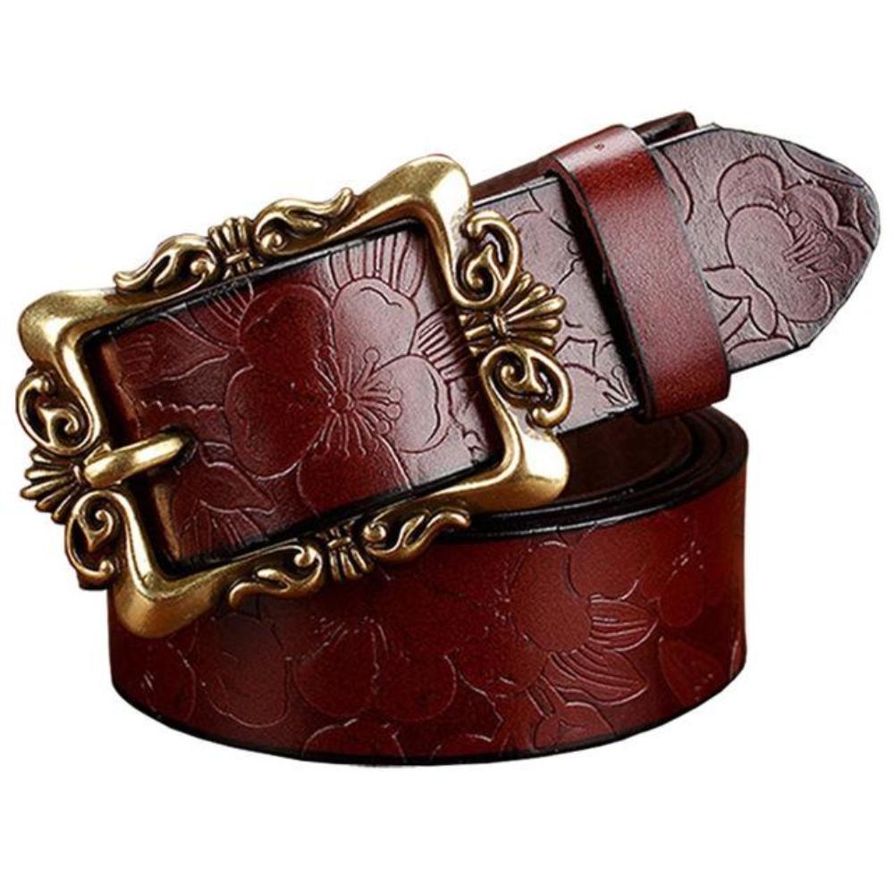 Women's Leather Floral Printed Square Alloy Pin Buckle Closure Belts