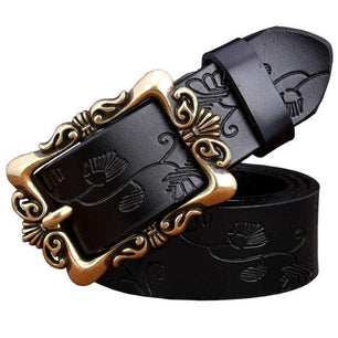 Women's Leather Floral Printed Square Alloy Pin Buckle Closure Belts