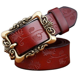 Women's Leather Floral Printed Square Alloy Pin Buckle Closure Belts