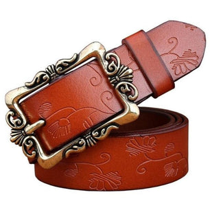 Women's Leather Floral Printed Square Alloy Pin Buckle Closure Belts