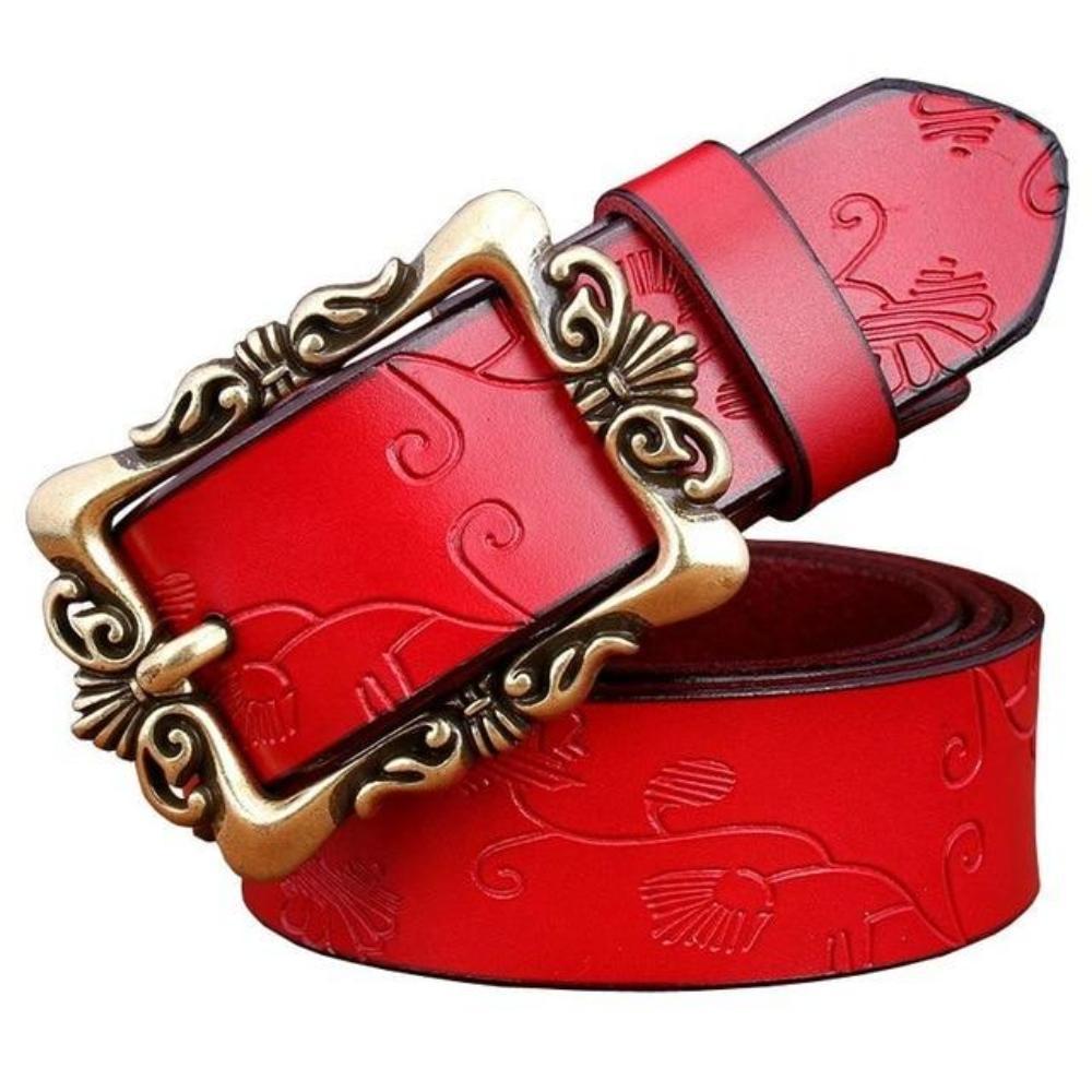 Women's Leather Floral Printed Square Alloy Pin Buckle Closure Belts