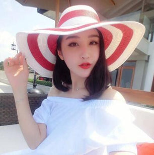 Women's Round Straw Crochet Striped Pattern Summer Wear Hat