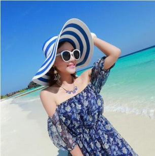 Women's Round Straw Crochet Striped Pattern Summer Wear Hat