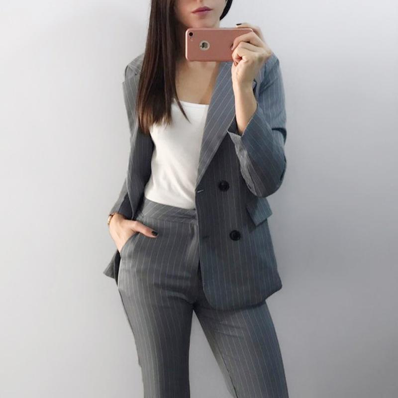 Women's Turn-down Collar Striped Blazer With Pocket Pant Formal Set