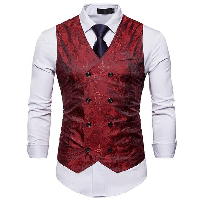 Men's V-Neck Sleeveless Floral Print Double Breasted With Pocket Vests