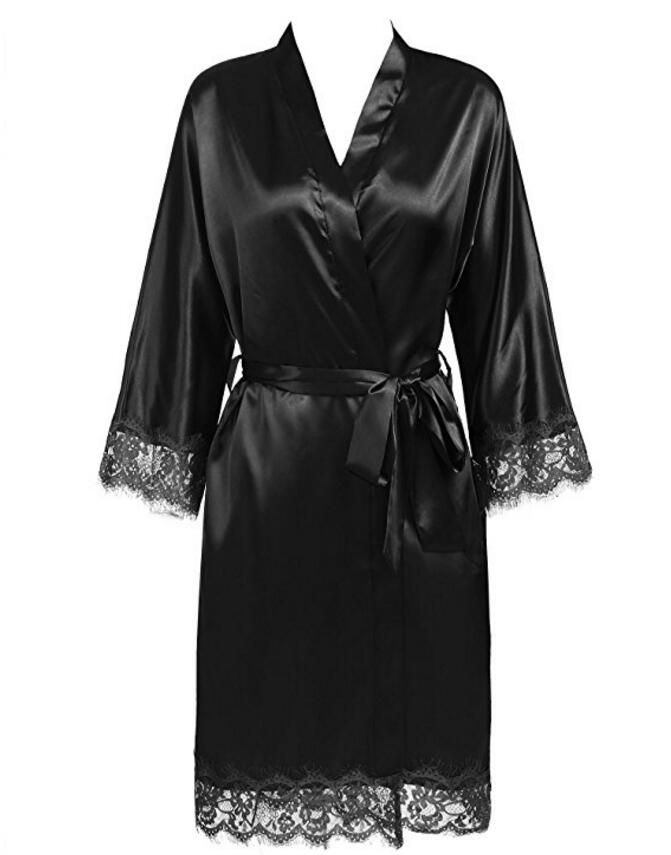 Women's Open Stitch Lace Flare Sleeve Belted Waist Nightgown