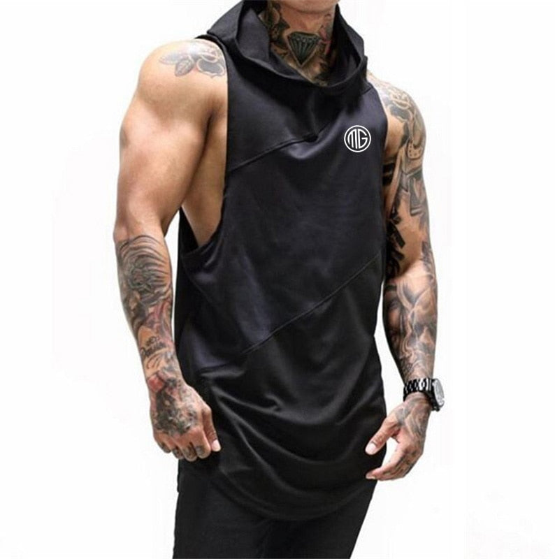 Men's O-Neck Sleeveless Quick Dry Sportswear Hooded Stringer Vests