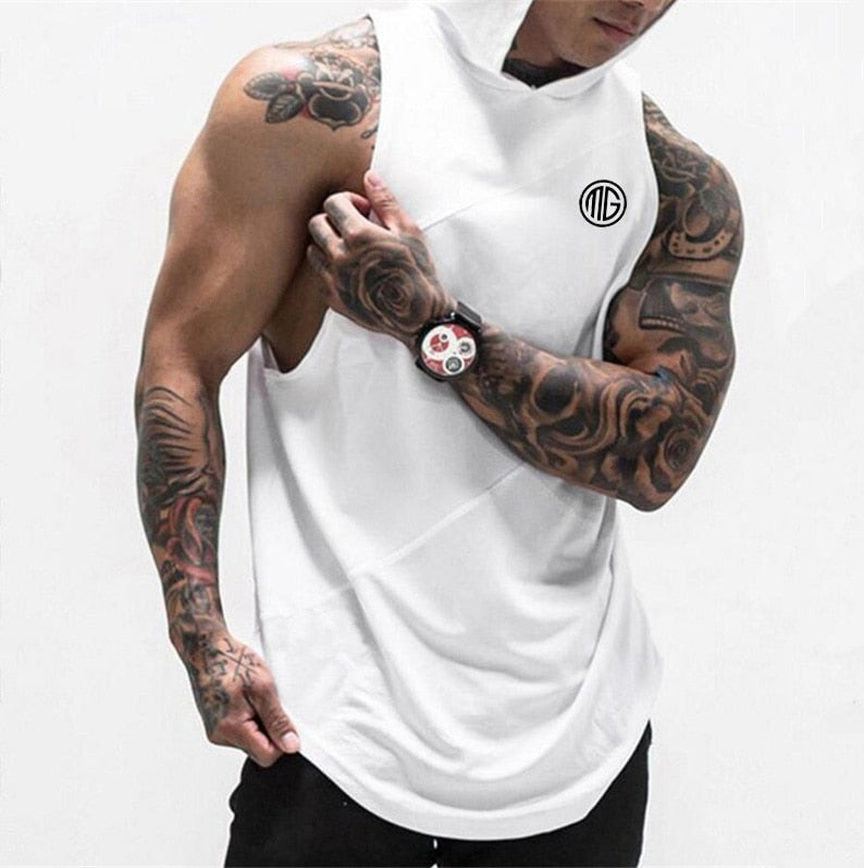 Men's O-Neck Sleeveless Quick Dry Sportswear Hooded Stringer Vests