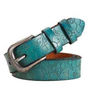 Women's Genuine Leather Floral Printed Alloy Pin Buckle Closure Belts