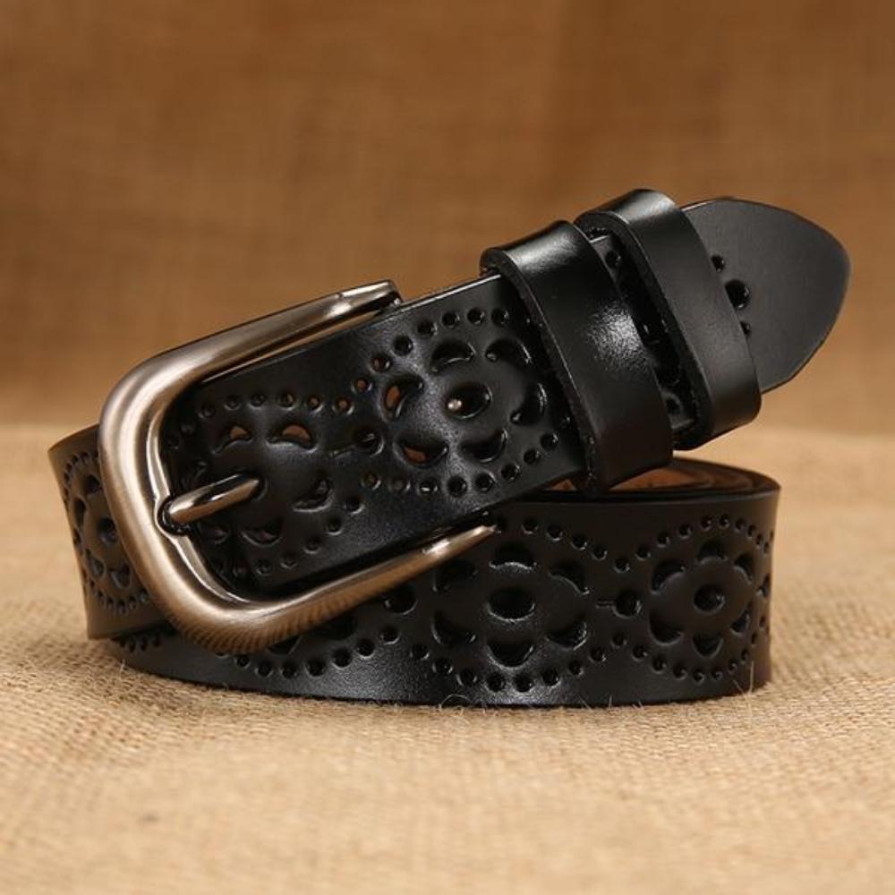 Women's Genuine Leather Floral Printed Alloy Pin Buckle Closure Belts